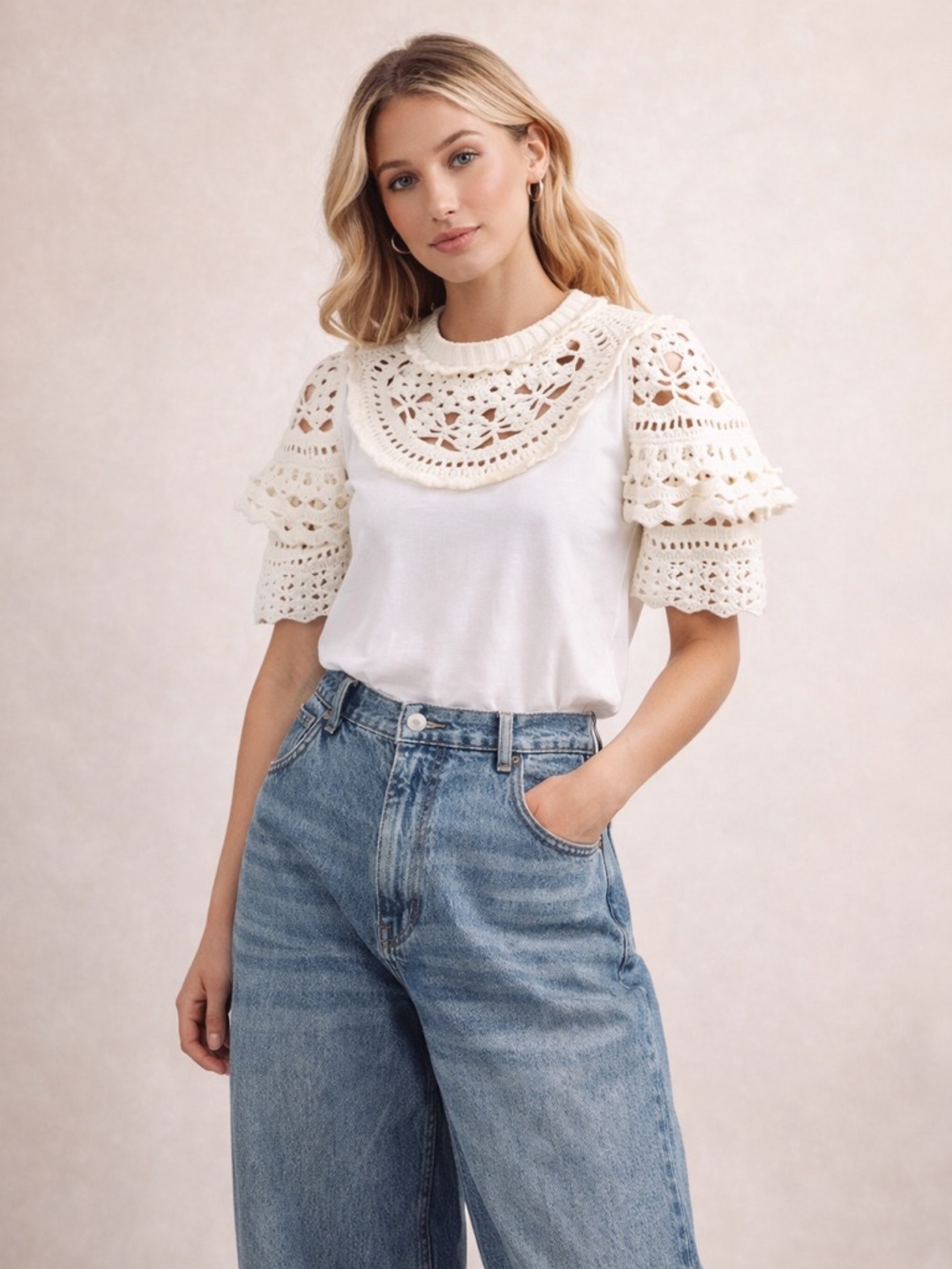 Sea New York Cleo white crochet combo t shirt top size XXS boho festival pirate